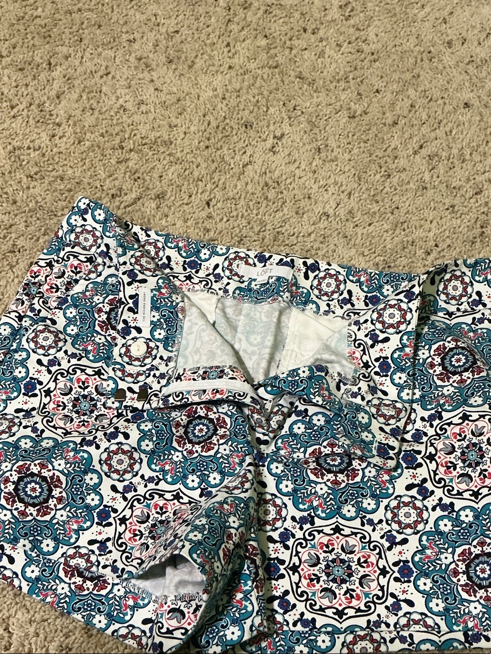 LOFT Teal, Navy & White Medallion Print Shorts
